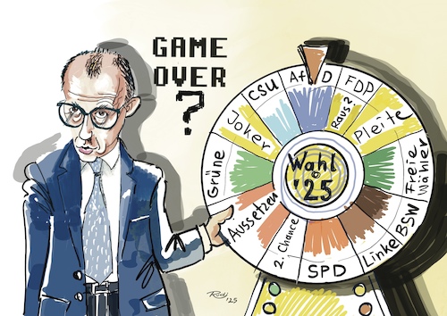 Cartoon: Game over? (medium) by Rudissketchbook tagged migration,abstimmung,bundestag,wahl,2025,cdu,csu,spd,diegrünen,bsw,dielinke,fdp,bundesrepublik,berlin,friedrich,merz,ausländer