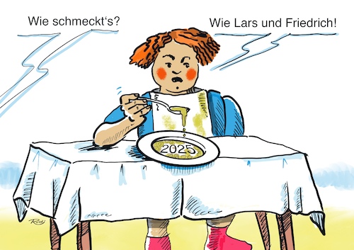 Cartoon: Schmeckts? (medium) by Rudissketchbook tagged politik,2025,merz,bundeskanzler,politikwechsel,neuorientierung,wahl,cdu,csu,spd,bundesrepublik