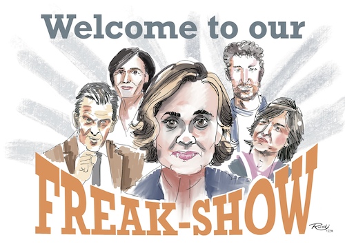 Cartoon: Welcome to our Freak-Show (medium) by Rudissketchbook tagged talkshows,politik,meinungsmacher,carenmiosga,markus,lanz,maischberger,hart,aber,fair,fernsehen,tv,ard,zdf,regierungskonform,einheitsmeinung,vorgabe,beeinflußung,einreden