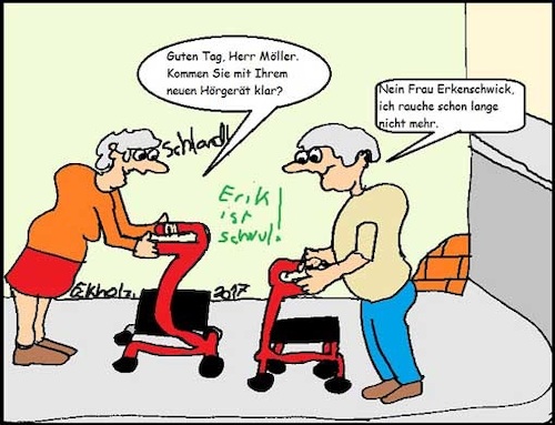 Cartoon: Das neue Hörgerät... (medium) by Sven1978 tagged hörgerät,mann,frau,gesundheit,senioren,schwerhörigkeit,hörverlust,rentner,scooter,rollator,oma,opa,alte,alter