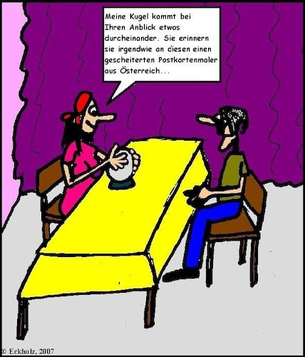 Cartoon: Die Wahrsagerin 4 (medium) by Sven1978 tagged ähnlichkeit,wahrsagerin,mann,frau,hitler,scheinreligion,esoterik,rummelplatz,scharlatanerie,wahrsagen,gauklerin