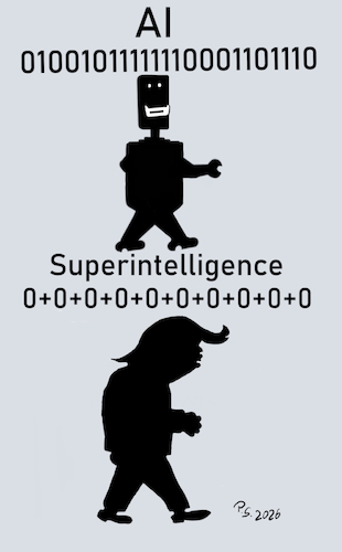 Cartoon: Superintelligence (medium) by SchmidtFineArt tagged trump,ai,ki,amerika,usa,europa,demokratie,wirtschaft,politik,politiker,krise,cartoon,karikatur,humor,zeichnung