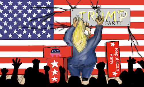 Cartoon: Trump Party (medium) by SchmidtFineArt tagged trump,politik,cartoon,cartoons,karikatur,karikaturen,demokratie,usa,wahlkampf,zeichnung,zeichnungen,digital,deutschland,kriese,krieg,gesellschaft,bundesregierung,wahl,art,kunst,humor