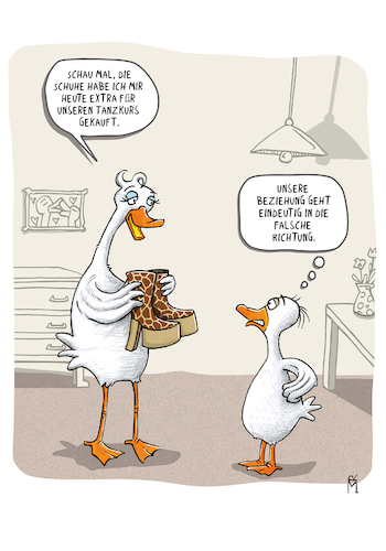 Cartoon: Beziehung mit Abstand (medium) by Rebecca-Meyer tagged gans,plateauschuhe,groß,mann,klein,tanzkurs,beziehung,gedanken,kontrast,humor,ironie,wachstum,symbol,übertreibung,alltag,twist,gans,plateauschuhe,groß,mann,klein,tanzkurs,beziehung,gedanken,kontrast,humor,ironie,wachstum,symbol,übertreibung,alltag,twist