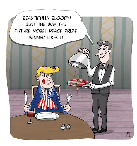 Cartoon: Donalds big meal (medium) by Rebecca-Meyer tagged trump,nobel,peace,prize,steak,bloody,restaurant,waiter,speech,bubble,sarcasm,satire,politics,usa,world,knife,fork,raw,meat,double,meaning,dark,humor,negotiations,wartime,president,serving,tip,caricature,media,criticism,hunger,for,power,cynicism,candidate,irony,trump,nobel,peace,prize,steak,bloody,restaurant,waiter,speech,bubble,sarcasm,satire,politics,usa,world,knife,fork,raw,meat,double,meaning,dark,humor,negotiations,wartime,president,serving,tip,caricature,media,criticism,hunger,for,power,cynicism,candidate,irony