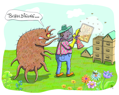 Cartoon: Tschuldigung (medium) by Rebecca-Meyer tagged imker,bienenstock,honigbienen,arroa,destructor,brut,varroatose,bekämpfung,bienensterben,sterben,von,bienenvölkern,parasiten,bienenschädling,varroamilbe,befällt,die,bienen,und,virus,parasit,imker,bienenstock,honigbienen,arroa,destructor,brut,varroatose,bekämpfung,bienensterben,sterben,bienenvölkern,parasiten,bienenschädling,varroamilbe,befällt,bienen,virus,parasit