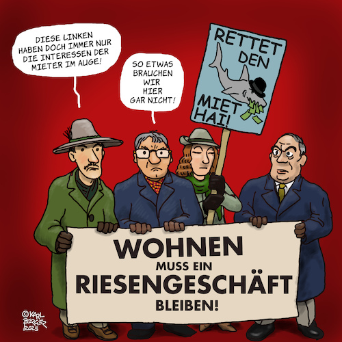 Cartoon: Rettet den Miethai! (medium) by Karl Berger tagged wohnen,miete,zinsen,geldvermehrung,wohnen,miete,zinsen,geldvermehrung