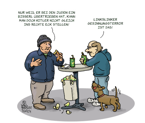 Cartoon: Übertrieben (medium) by Karl Berger tagged nazi,nazikeule,hitler,gesinnungstherror,nazi,nazikeule,hitler,gesinnungsterror,extremist,populismus,stammtisch,afd,fpö,npd,reichsbürger