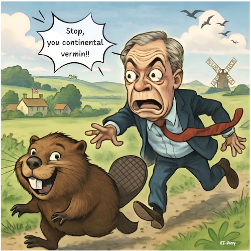 Cartoon: Beaver hunt (medium) by KI-Vossy tagged beaver,beavers,biber,britain,norfolk,england,wildlife,camera,kamera,pensthorpe,rodent,trunks,lodge,nigel,farage,vermin,beaver,beavers,biber,britain,norfolk,england,wildlife,camera,kamera,pensthorpe,rodent,trunks,lodge,nigel,farage,vermin