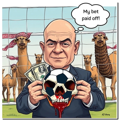 Cartoon: Blutball (medium) by A Human tagged bet,football,infantino,fifa,saudiarabia,katar,quatar,wette,amnesty,menschenrechte,ausbeutung,wüste,fußballweltmeisterschaft,wm,ai,exploitation,discrimination,reformen,worldcup,diskriminierung,unterdrückung,slavery,sklaverei,menschenleben,bet,football,infantino,fifa,saudiarabia,katar,quatar,wette,amnesty,menschenrechte,ausbeutung,wüste,fußballweltmeisterschaft,wm,ai,exploitation,discrimination,reformen,worldcup,diskriminierung,unterdrückung,slavery,sklaverei,menschenleben