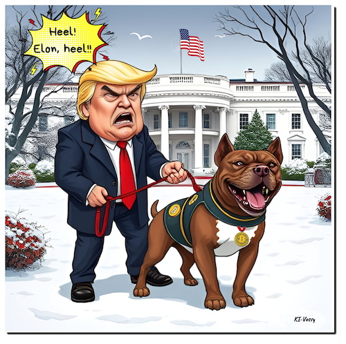 Cartoon: Bit Bull Elon barks (medium) by A Human tagged usa,washington,pitbull,bitbull,bit,bull,pit,americandonald,trump,elon,musk,dogs,whitehouse,weihnachtsgeschenk,christmaspresent,amtseinführung,inauguration,bitcoins,president,präsident,usa,washington,pitbull,bitbull,donald,trump,elon,musk,dogs,whitehouse,weihnachtsgeschenk,christmaspresent,amtseinführung,inauguration,bitcoins