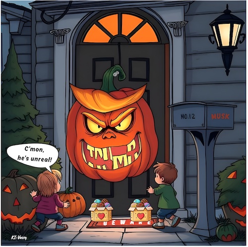 Cartoon: Elons Revenge (medium) by A Human tagged elon,musk,tesla,potus,halloween,pumpkin,pumpkins,usa,america,american,republican,republicans,eve,dead,deads,celebrate,celebrations,celebration,sweet,sweets,elon,musk,tesla,potus,halloween,pumpkin,pumpkins,usa,america,american,republican,republicans,eve,dead,deads,celebrate,celebrations,celebration,sweet,sweets
