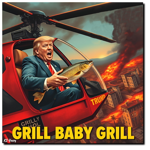 Cartoon: Grill Baby Grill (medium) by A Human tagged trump,usa,feuer,kalifornien,fire,california,climatechange,klimawandel,präsident,president,newsom,smelt,deltasmelt,dekret,decree,grill,trump,usa,feuer,kalifornien,fire,california,climatechange,klimawandel,präsident,president,newsom,smelt,deltasmelt,dekret,decree