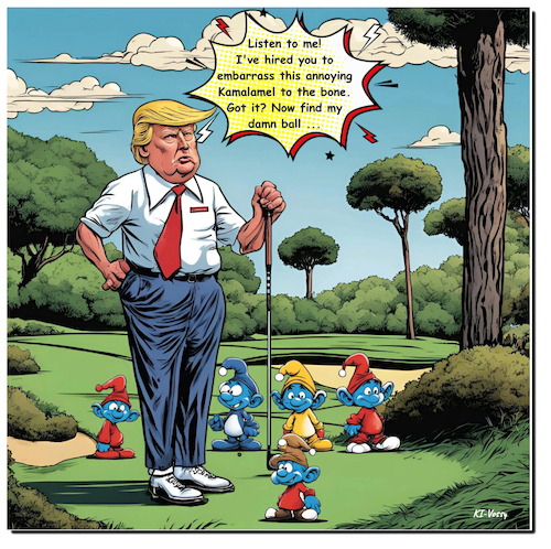 Cartoon: Smurf on! (medium) by A Human tagged trump,harris,elections,smurfs,usa,politics,politicians,politiker,kamalamel,gargamel,politik