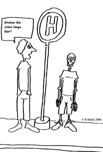 Cartoon: An der Bushaltestelle... (medium) by Kruscha1978 tagged bushaltestelle,warten,dauer,skelett,tod,mann