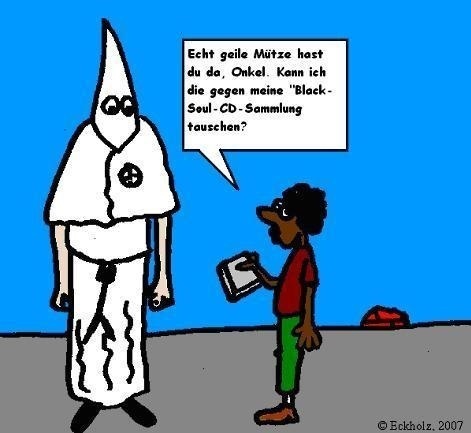 Cartoon: Geile Mütze... (medium) by Kruscha1978 tagged blacksoul,musik,jugend,ku,klux,klan,rassismus,antirassismus,mütze,tausch,kind,mann,schwarze,weiße,gesellschaft,hass,kultur