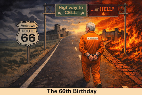 Cartoon: 66 (medium) by ArtyFicial tagged andrew,mountbatten,windsor,prince,66,birthday,route,fete,faith,face,fate,psalm,god,sovereignty,police,hell,cell