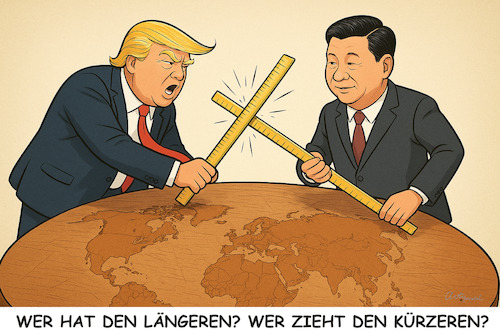 Cartoon: Abgabe um Abgabe. Zoll um Zoll. (medium) by ArtyFicial tagged usa,china,trump,xi,jiping,zoll,handel,tot,terms,of,trade,tarifäre,nicht,handelshemmnisse,exportkontrolle,welthandel,globalisation,waren,dienstleistungen,währungen,devisen,import,export,auswirkungen,duell,schäden,kollateralschäden,abgabe,um