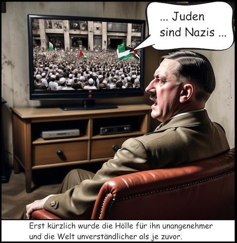 Cartoon: A.H. - Das ist die Hölle für ihn (medium) by ArtyFicial tagged adolf,hitler,palästinenser,demos,demonstrationen,anti,israel