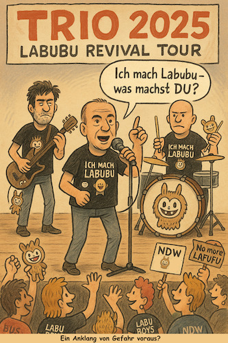 Cartoon: Anklang von Gefahr (medium) by ArtyFicial tagged musik,ndw,china,trend,trio,labubu,revival,tour,2025,remmler