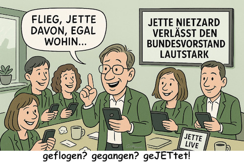 Cartoon: Auf und davon geJETtet (medium) by ArtyFicial tagged grüne,jugend,abgang,abschied,jette,nietzard,vorstand,bundesvorstand
