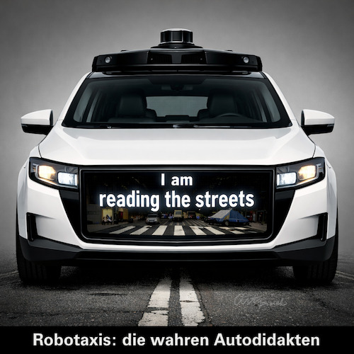 Cartoon: Autodidakten (medium) by ArtyFicial tagged robotaxis,kalifornien,waymo,zoox,tesla