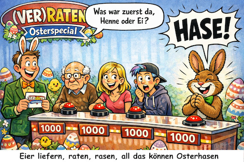 Cartoon: Bescheid (medium) by ArtyFicial tagged ostern,henne,ei,hase,osterhase,osterspecial,quiz,quizshow,quizmaster,moderator,kandidaten,opa,frau,genz