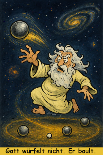 Cartoon: Chaotische Ordnung (medium) by ArtyFicial tagged einstein,heisenberg,chaos,ordnung,determinismus,zufall,systeme,all,universum,universen,multiversen,gott,hawking,naturwissenschaften,physik,teilchen,theorien,empirie,wahrscheinlichkeit,gewissheit,absolut,relativ