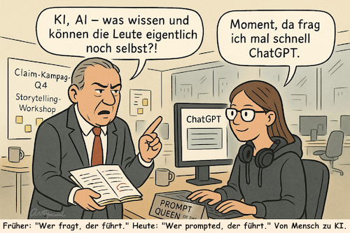 Cartoon: ChefGPT - prompt führend (medium) by ArtyFicial tagged ki,ai,fragen,prompten,führen,menschen,chef,assistenz,produktivität,disruption,quantensprung