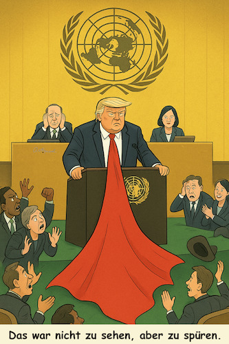 Cartoon: Das rote Tuch (medium) by ArtyFicial tagged un,uno,trump,usa,generalvollversammlung,delegierte,mitarbeiter,rot,krawatte,tuch,rede,statement,aufregung,ablehnung,hass,zustimmung,bejahung,weltbühne,baerbock