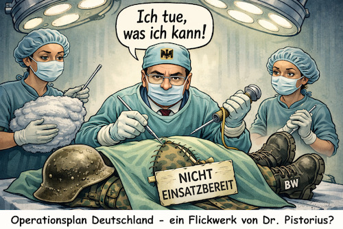 Cartoon: Dr. Pistorius im OP (medium) by ArtyFicial tagged deutschland,bundeswehr,operationsplan,krank,nicht,einsatzbereit,angeschlagen,marode,kampfunfähig,kriegstüchtig,kriegsuntüchtig,bedingt,abwehrbereit,wehrdienst,wehrdienstpflicht,op,operationssaal,operation,flickwerk,aufrüstung,ausrüstung