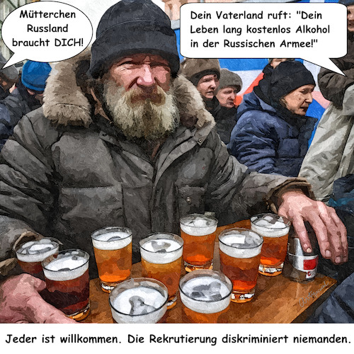 Cartoon: Drinks gehen auf Putin (medium) by ArtyFicial tagged putin,russland,armee,streitkräfte,rekturierung,alkohol,alkoholiker,obdachlose