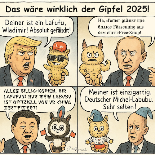 Cartoon: Gipfel 2025 (medium) by ArtyFicial tagged gipfel,weltgipfel,2025,labubu,virus,trump,usa,putin,russland,xi,china,merz,deutschland