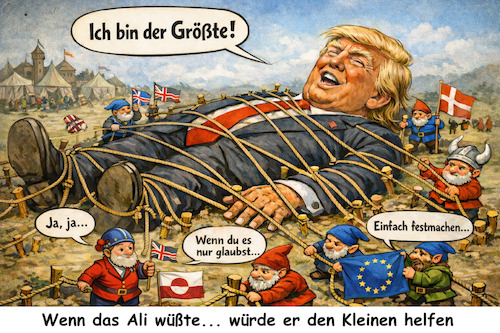 Cartoon: Glaubensfrage (medium) by ArtyFicial tagged usa,europa,trump,präsident,president,potus,groß,klein,mächtig,ohnmächtig,gulliver,reisen,swift,muhammad,ali,cassius,clay,größter,aller,zeiten,greatest,of,all,time