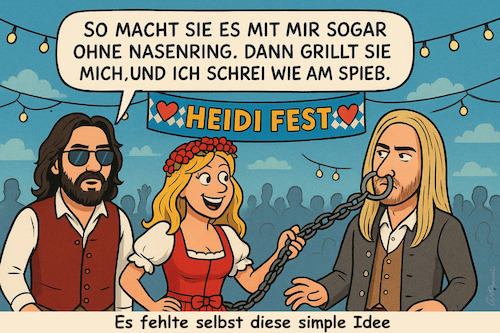 Cartoon: Heidis Vorfreude (medium) by ArtyFicial tagged heidi,klum,fest,heidfest,kaulitz,tom,bill,schlager,platte,witze,hans,franz,wiesn,oktoberfest,carpendale,anders,blanco,howard,roberto,oldies,opus