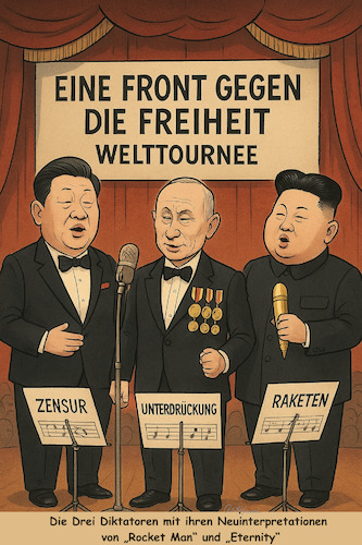Cartoon: Hyperschall-Konzert (medium) by ArtyFicial tagged china,russland,nordkorea,xi,putin,kim,machtdemonstration,waffen,diktatoren,autokraten,feinde,freiheit,bedrohung,krieg,kriegsszenario,frieden,dialog,konfrontation,militärparade,waffenshow,hyperschall,raketen,panzer,unterwasserdrohnen,drohnen,raketenabwehrsystem,seezielflugkörper,80,jahre,führung,führungsmacht,symbolkraft,slowakei,robert,fico