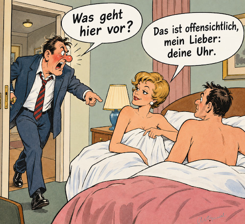 Cartoon: In flagranti (medium) by ArtyFicial tagged mann,frau,schlafzimmer,geliebter,ehebruch,flagranti,ertappt,fremdgehen,affäre,1960er,aggression,eifersucht,rage,rasend,gelassen,gelassenheit,souverän,souveränität