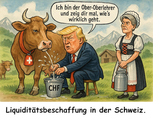 Cartoon: Mit Zöllen melken (medium) by ArtyFicial tagged zoll,usa,schweiz,trump,karin,keller,sutter,präsident,bundespräsidentin,wirtschaft,handel,hemmnisse,liquidität,liquiditätsbeschaffung,kuh,melken
