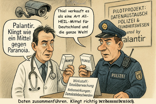 Cartoon: Palantir (medium) by ArtyFicial tagged thiel,palantir,sicherheit,software,totalüberwachung,freiheit,freiheitsverlust,demokratie,demokratieverlust,angst,überwachung,zensur,predictive,policing,minority,report,technokratie,vergangenheit,allheilmittel,heil,mittel