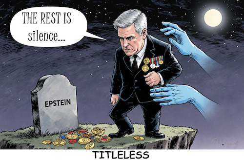Cartoon: TITLELESS (medium) by ArtyFicial tagged uk,gb,england,prince,duke,of,york,andrew,windsor,title,relinquishment,untitled,titleless,epstein,shakespeare,hamlet