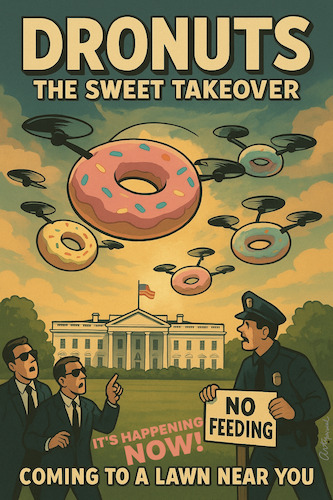 Cartoon: To please the POTUS (medium) by ArtyFicial tagged invasion,drones,donuts,dronuts,flying,over,white,house,pleasing,potus,trump,movie,reality