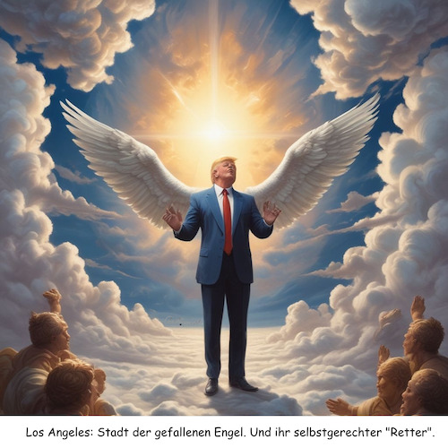Cartoon: Trump of Los Angeles (medium) by ArtyFicial tagged los,angeles,trump,hallelujah,papst,pope,gott,lord