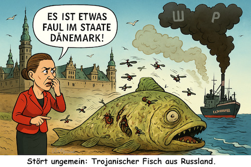 Cartoon: Ubehageligt - UNgemütlich (medium) by ArtyFicial tagged russland,putin,dänemark,nato,eu,faul,frederiksen,hamlet,shakespeare,zitat,spionage,spaltung,spaltungsversuch,hybridkriegsführung,gefahr,risiko,kriegsspiele,provokation