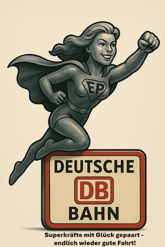 Cartoon: Wünschenswert (medium) by ArtyFicial tagged deutsche,bahn,evelyn,palle,vorstandsvorsitzende,reform,erneuerung,problemlösung,mammutaufgabe,gleise,netz,restrukturierung,frauenpower,superkräfte,glück,erfolg