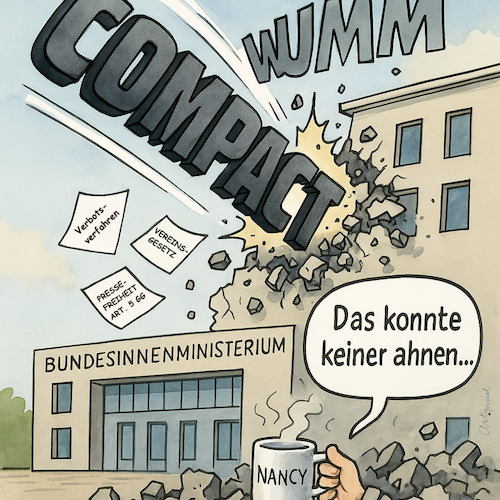 Cartoon: WUMM statt DOPPEL-WUMMS (medium) by ArtyFicial tagged compact,verbotsverfahren,grundgesetz,bundesinnenministerium,faeser,nancy,verfassungsschutz