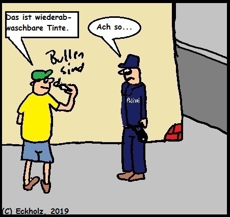 Cartoon: Ach so... (medium) by Kruscha tagged jugend,graffittyschmiereien,tinte,jugendlicher,polizist,frechheit,unverschämtheit,schmierereien,respektlosigkeit,gesellschaft,erziehung