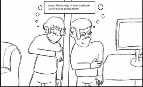 Cartoon: Verdächtig still beim Nachbarn.. (medium) by SMK tagged nachbar,nachbarschaft,stille,lauschen,spionieren,paranoia,stadtalltag