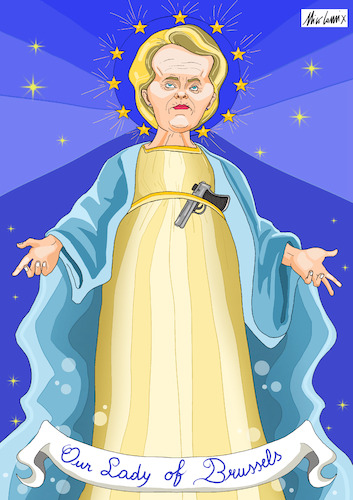 Cartoon: Our Lady of Brussels (medium) by Nicocomix tagged ursula,von,der,leyen,war,business,peace,ukraine,russia,brussels,putin,zelensky,rearm,ue,europe,union,rearmament