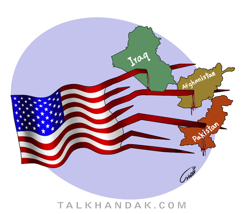 Cartoon: U.S. Human Rights (medium) by abbas goodarzi tagged human,rights,american,flag,afghanistan,iraq,pakistan,war,violence,america,middle,east,influx,attack,stars,color,abbas,goodarzi,iran,bush,obama