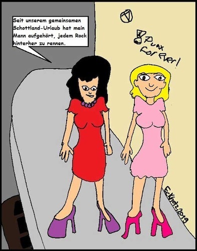 Cartoon: Erziehungsurlaub... (medium) by Spacko tagged schottenrock,frauen,urlau,ehe,reisen,gesellschaft,erziehung,männer